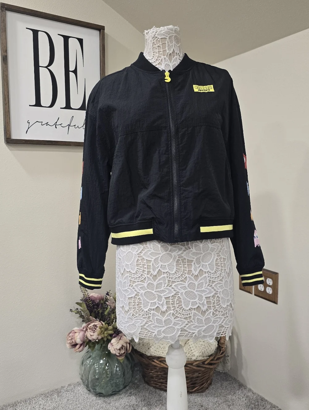 JUSTICE Pac-Man & Ghosts Black Bomber Jacket with Yellow Trim NWOT